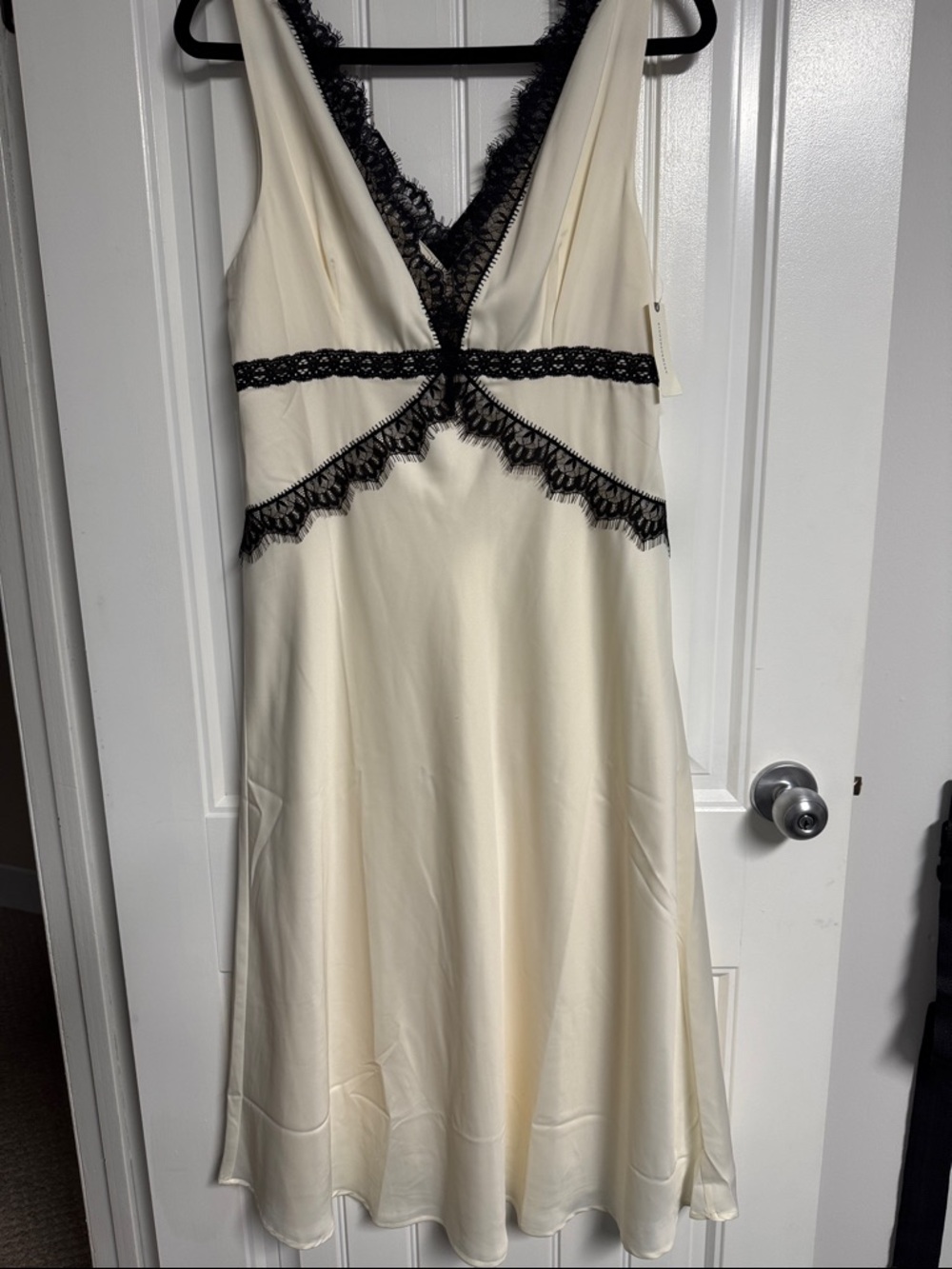 Anthropologie Cream Midi Dress with Black Lace Trim